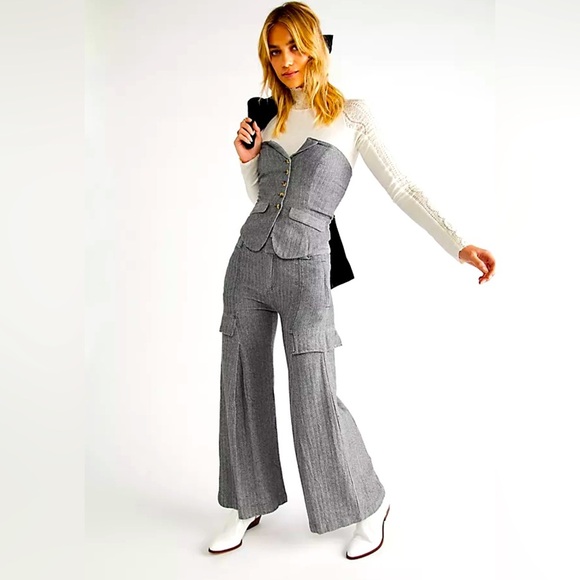 Free People Pants - FREE PEOPLE New Waves Tailored Flares Trousers Wide Leg Grey Cargo Pants